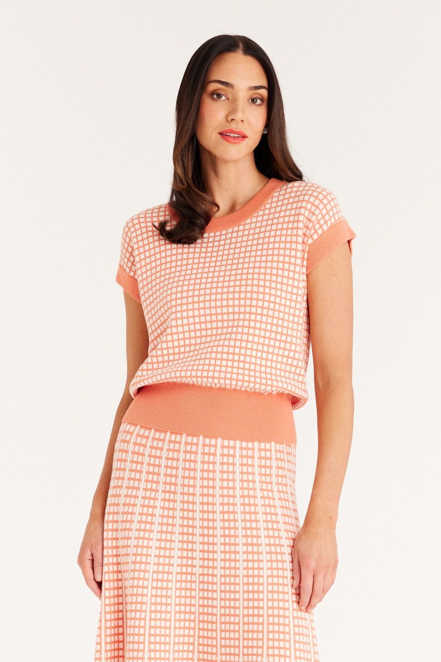 Cable Melbourne Knitwear | Check Knit Top - Apricot Marle