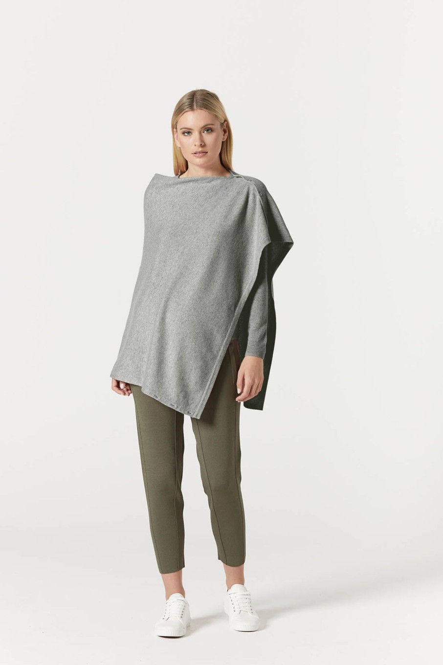 Cable Melbourne Foundation Basics | Cashmere Button Poncho - Grey Marle