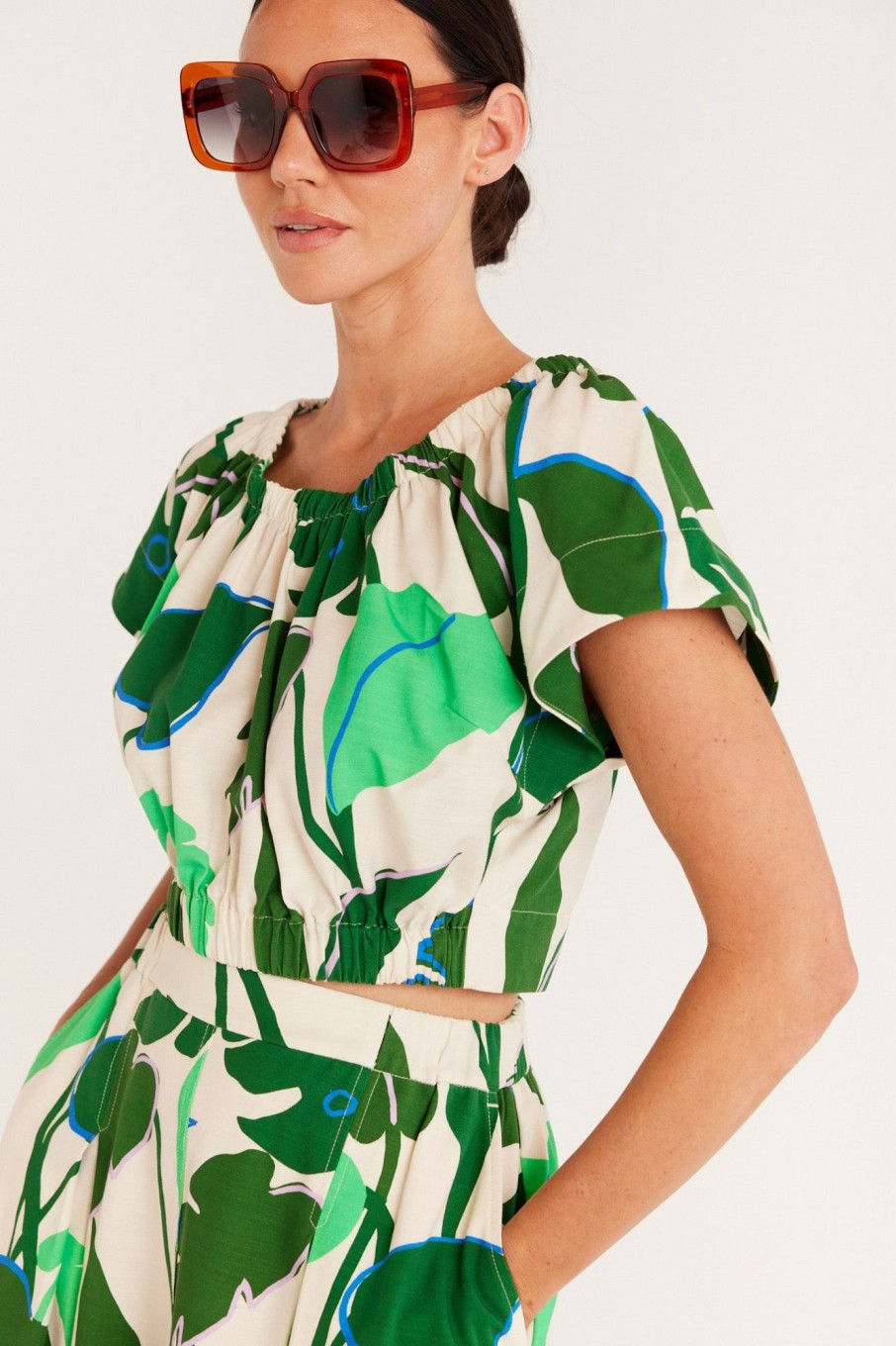 Cable Melbourne Matching Sets | Hayman Print Top - Green Palm Print