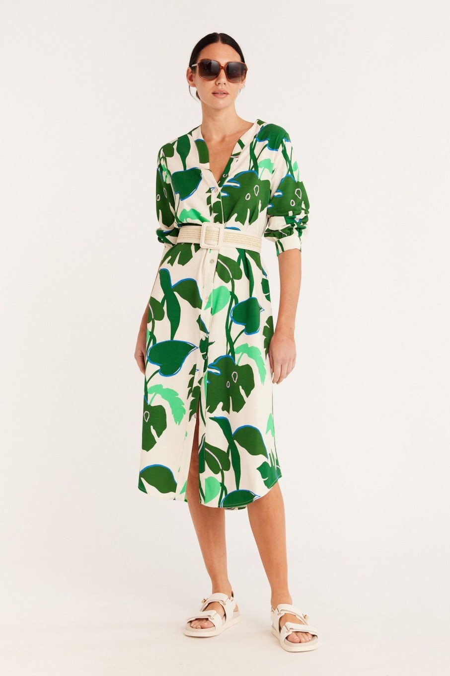 Cable Melbourne Dresses | Hayman Shirt Dress - Green Palm Print