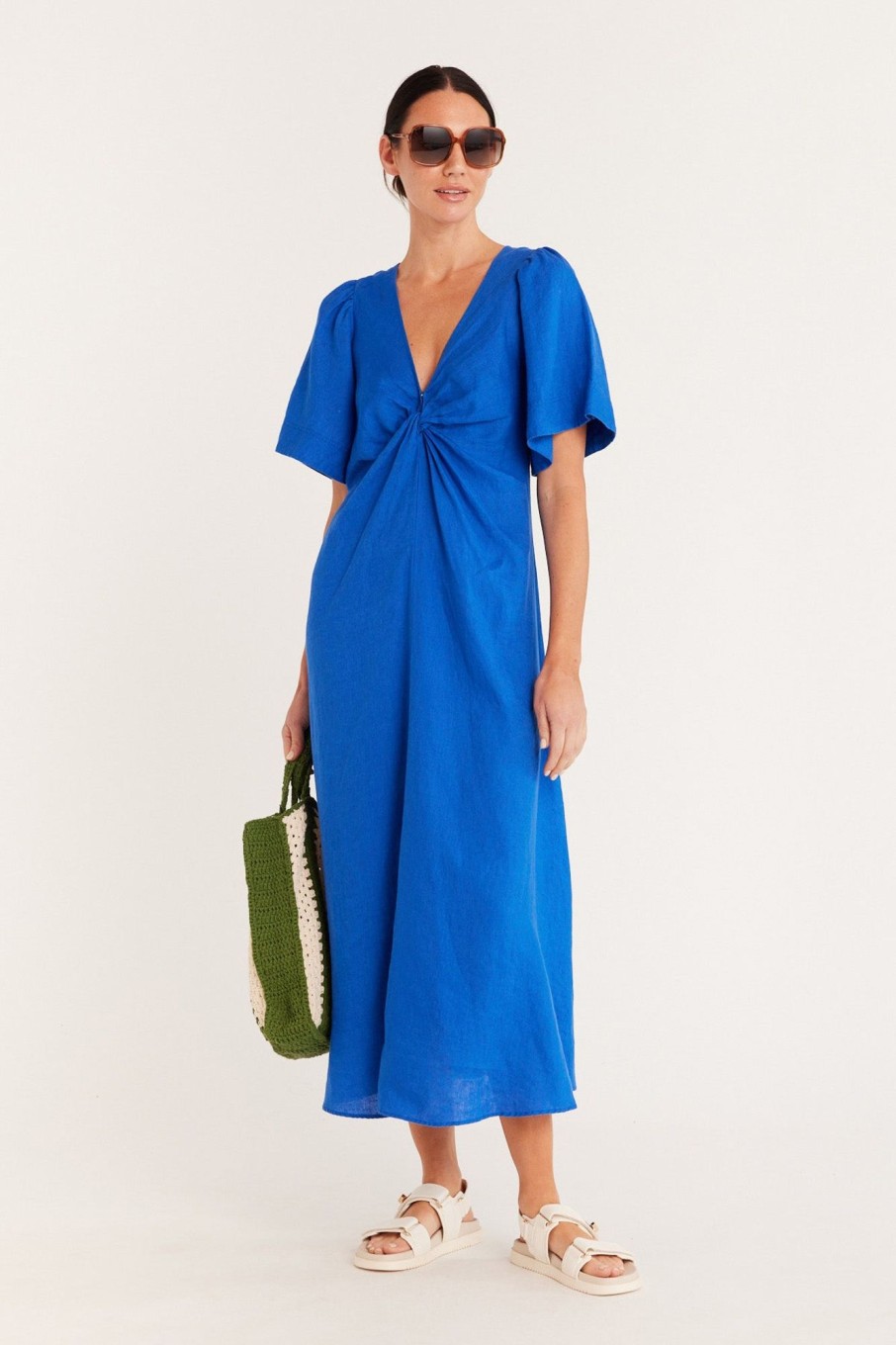 Cable Melbourne Dresses | Pure Linen Twist Dress - Cobalt Blue