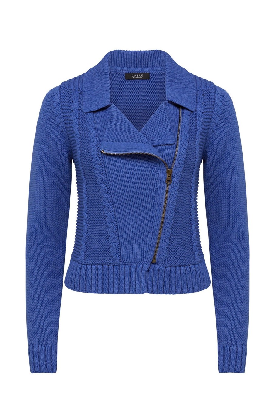 Cable Melbourne Knitwear | Cotton Cable Zip Up Biker - Cobalt Blue