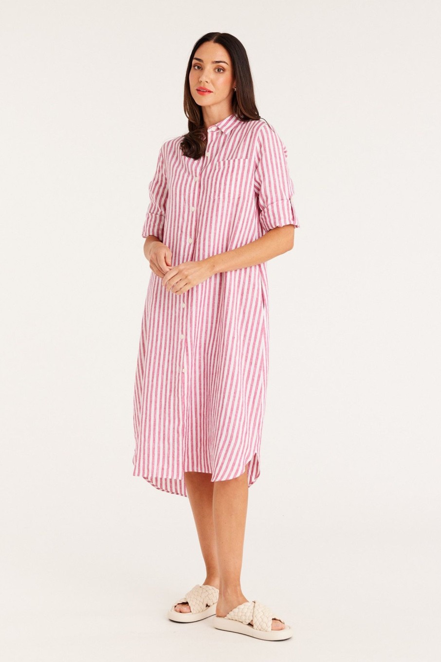 Cable Melbourne Dresses | Pure Linen Shirt Dress - Pink Stripe