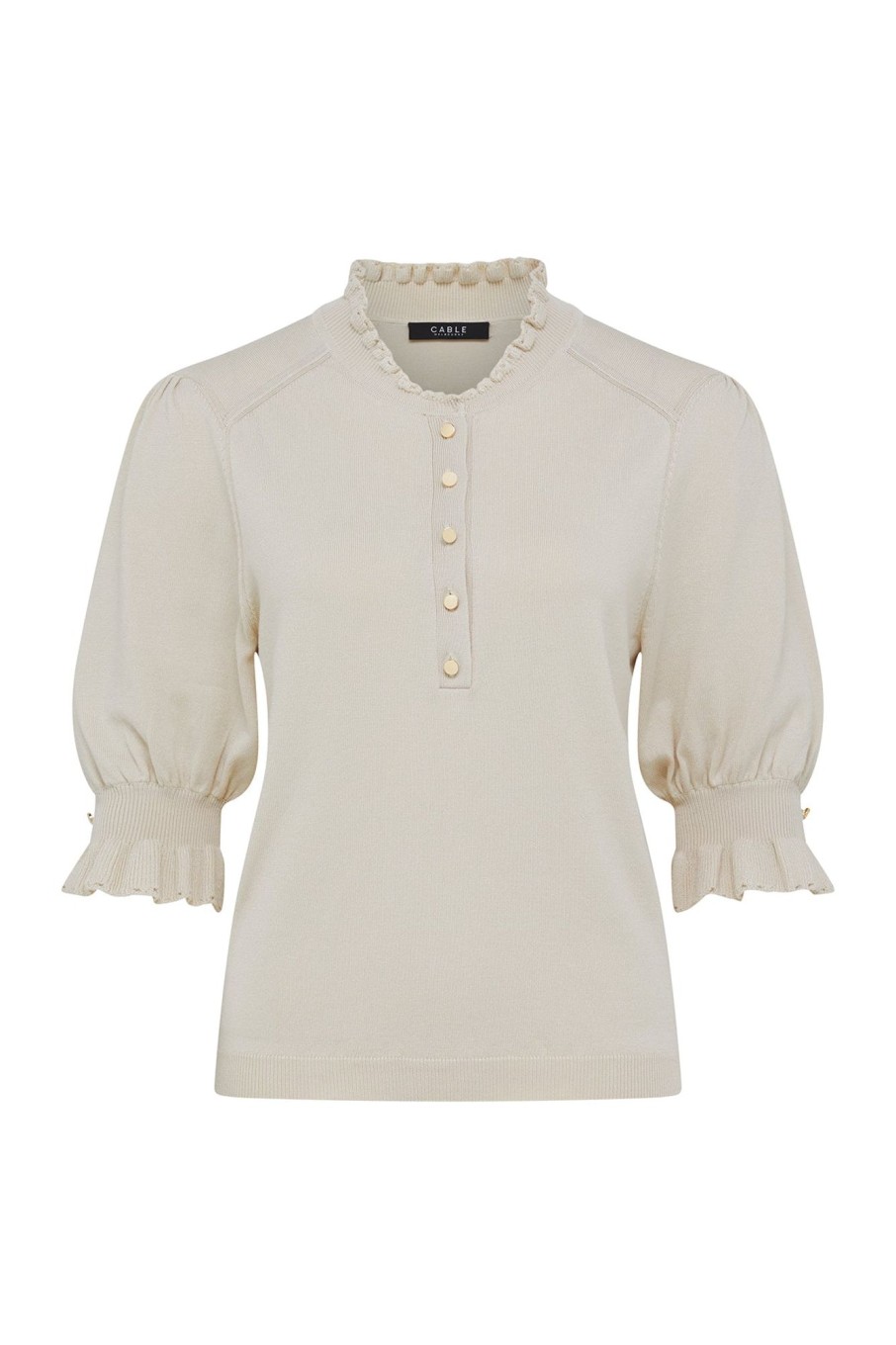 Cable Melbourne Knitwear | Pointelle Frill Top - Ecru