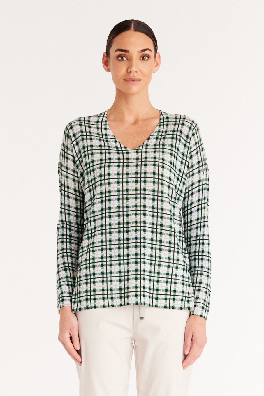 Cable Melbourne Jumpers | Superfine Print V Jumper - Green Print