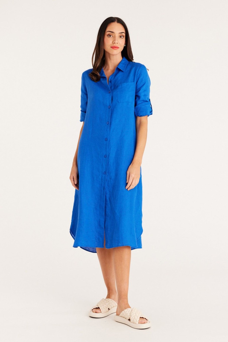 Cable Melbourne Dresses | Pure Linen Shirt Dress - Cobalt Blue