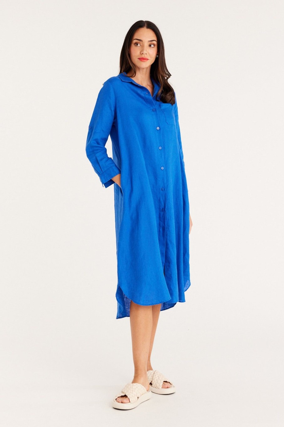 Cable Melbourne Dresses | Pure Linen Shirt Dress - Cobalt Blue