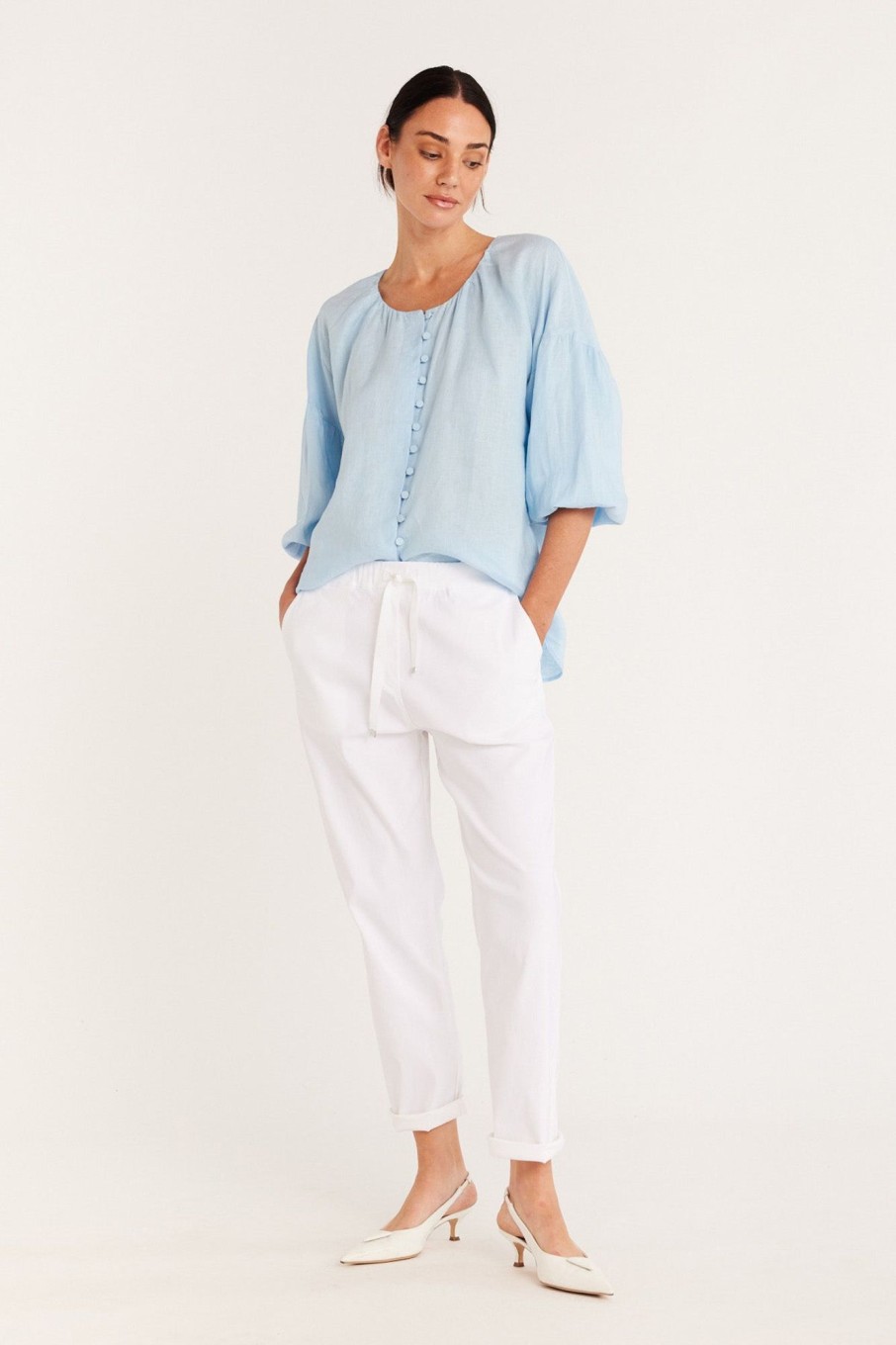 Cable Melbourne Tops & Shirts | Pure Linen Blouse - Sky Blue