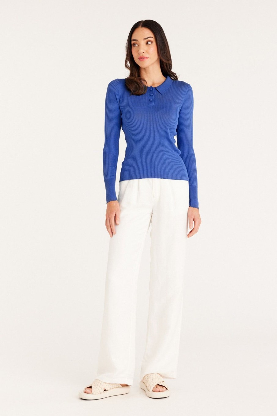 Cable Melbourne Knitwear | Silk Rib Polo Top - Sapphire Blue