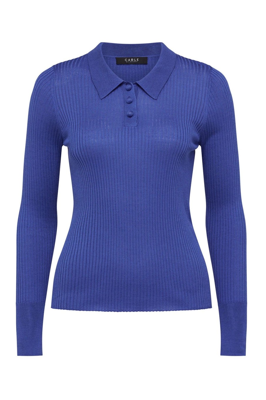 Cable Melbourne Knitwear | Silk Rib Polo Top - Sapphire Blue