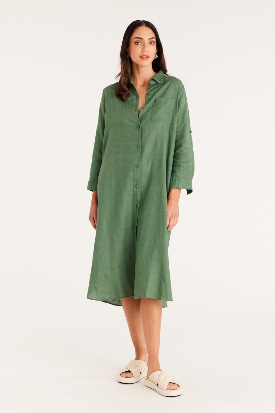 Cable Melbourne Dresses | Pure Linen Shirt Dress - Moss Green