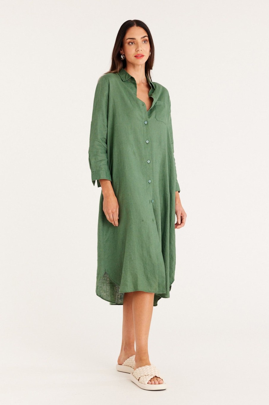 Cable Melbourne Dresses | Pure Linen Shirt Dress - Moss Green