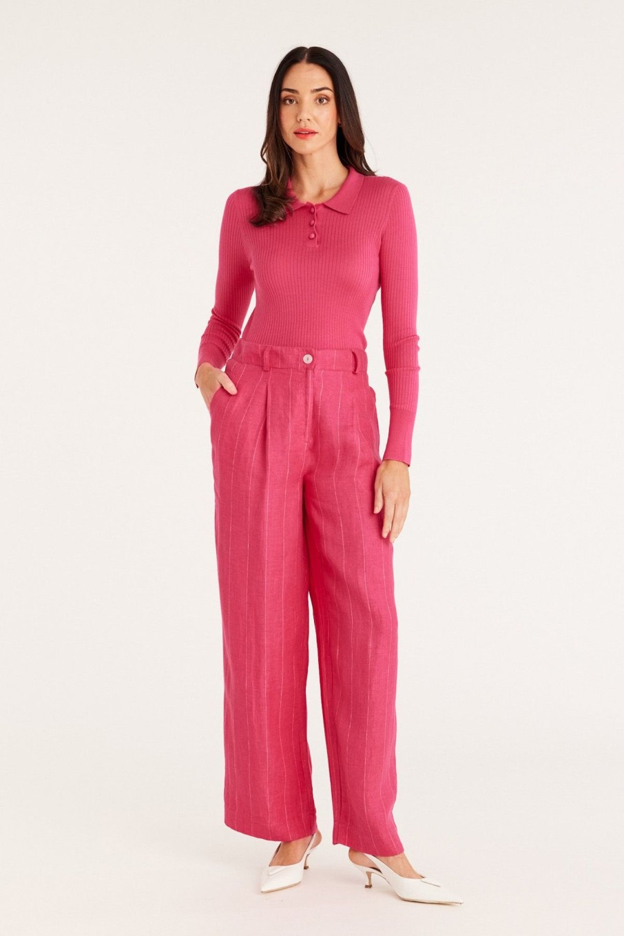 Cable Melbourne Knitwear | Silk Rib Polo Top - Hot Pink