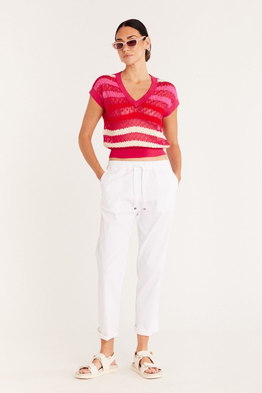 Cable Melbourne Tops & Shirts | Crochet Knit Top - Pink Stripe