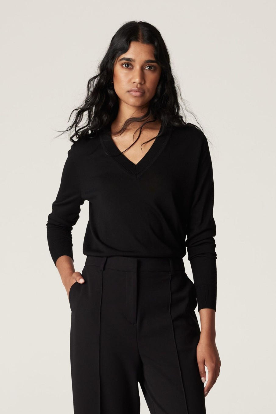 Cable Melbourne Jumpers | Tencel V Neck Jumper - Black