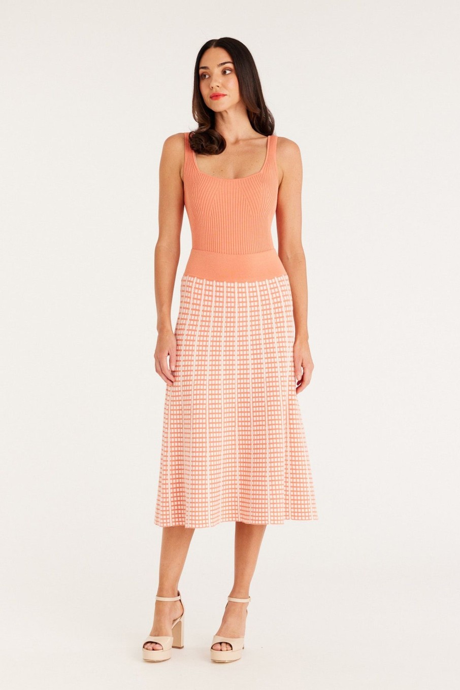 Cable Melbourne Knitwear | Check Knit Skirt - Apricot Marle